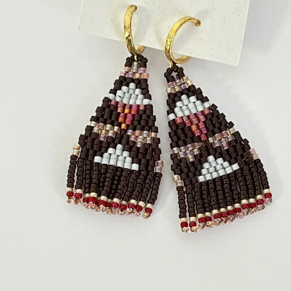 Bluma Project‎ Beaded Fringe Earrings Womens OS Brown Geometric Gold Hoops